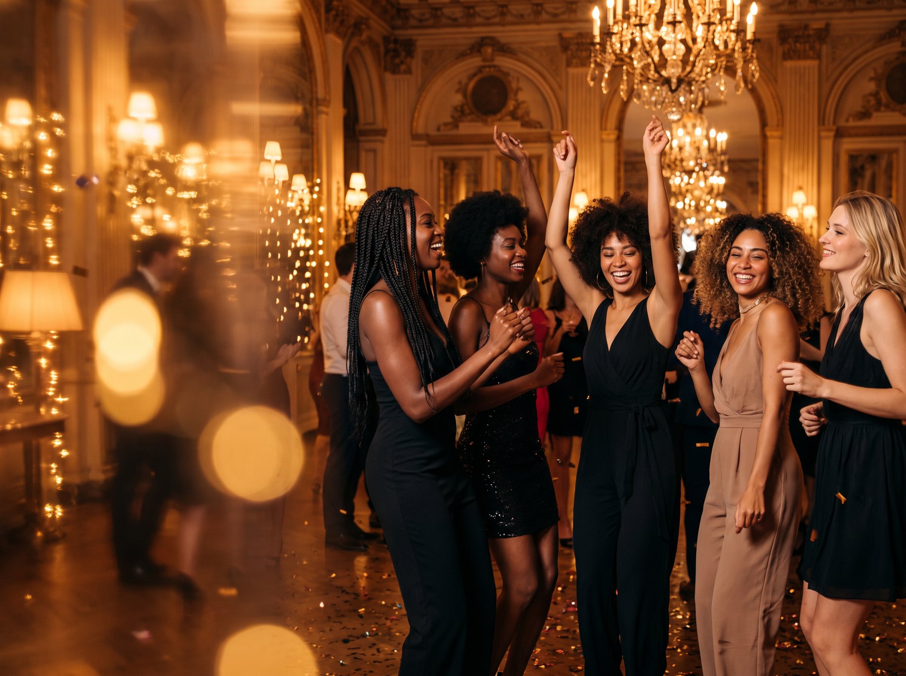 Des amies dansent et rient lors d’une soirée dans une salle de bal dorée