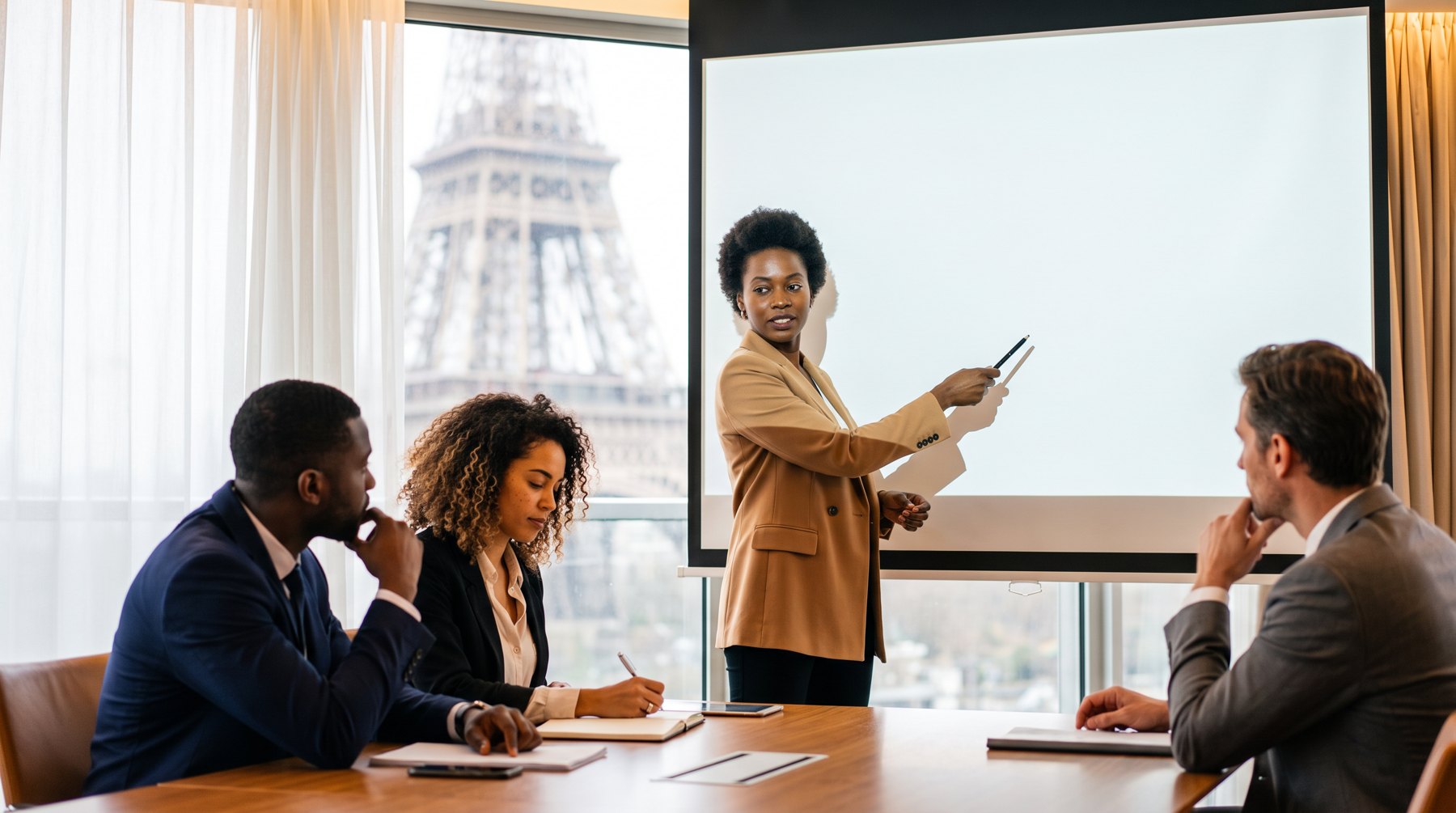 ejeoma Business & Invest — une intervenante présente un projet en réunion, face à la tour Eiffel