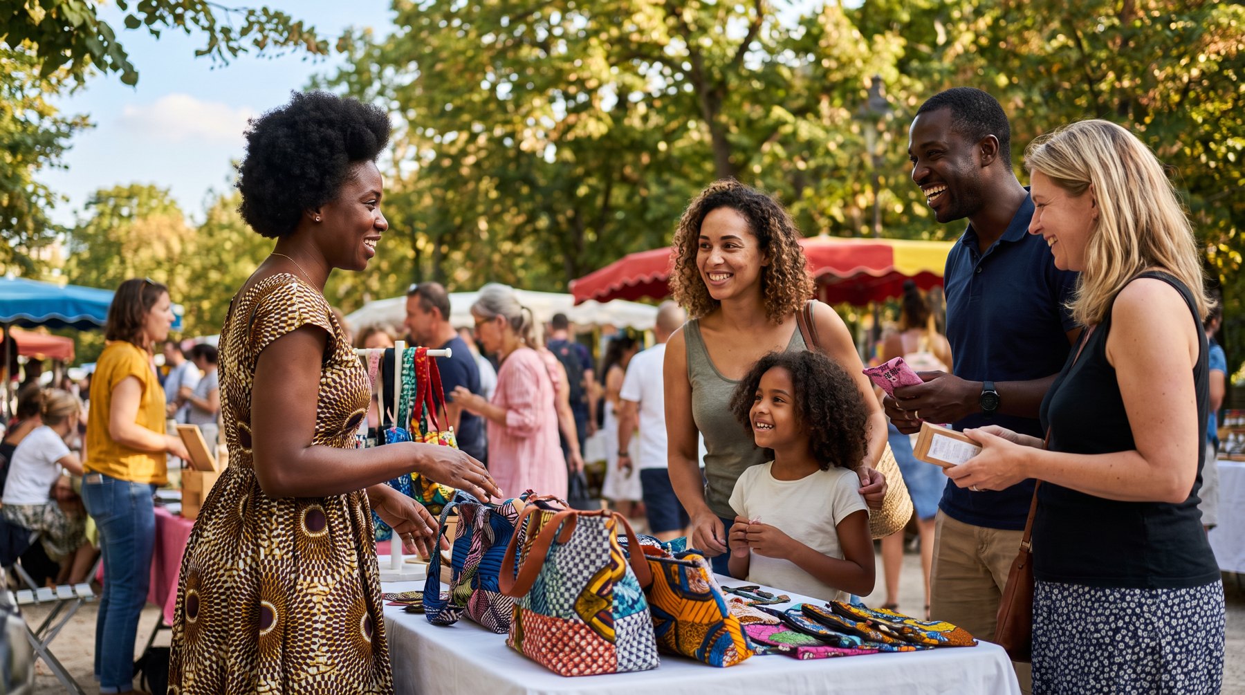 ejeoma Together — une créatrice présente ses sacs en wax à une famille sur un marché en plein air