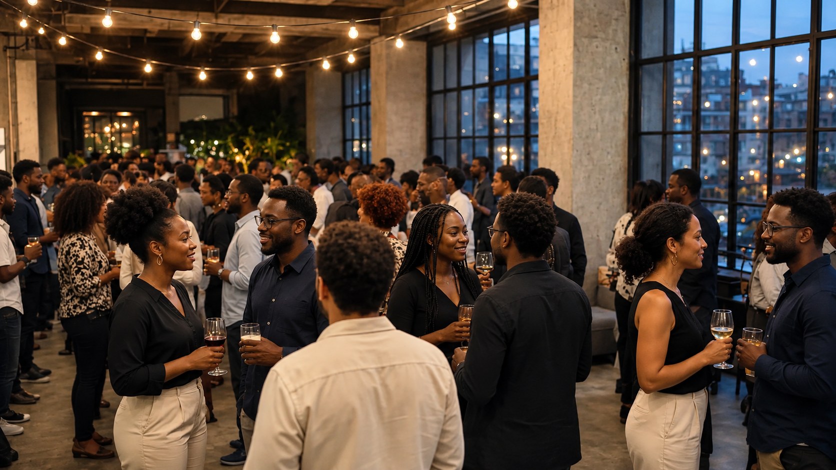 Soirée de networking ejeoma Connect : des invités échangent, verre à la main, dans un loft sous des guirlandes lumineuses