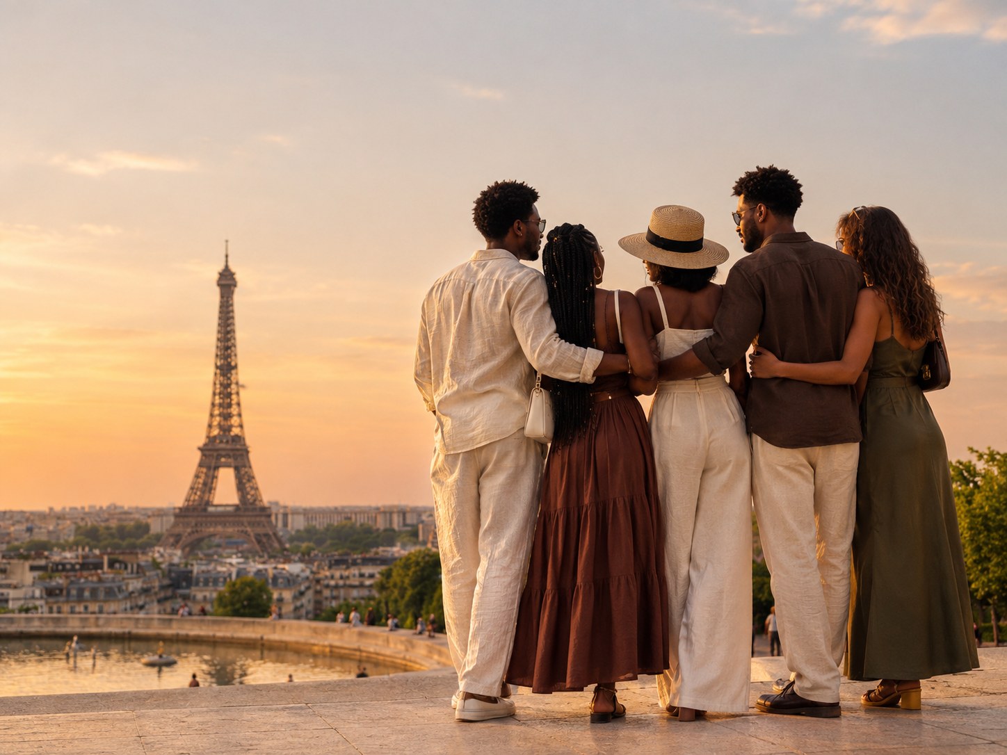 Cinq amis de dos, enlacés, face à la tour Eiffel au coucher du soleil