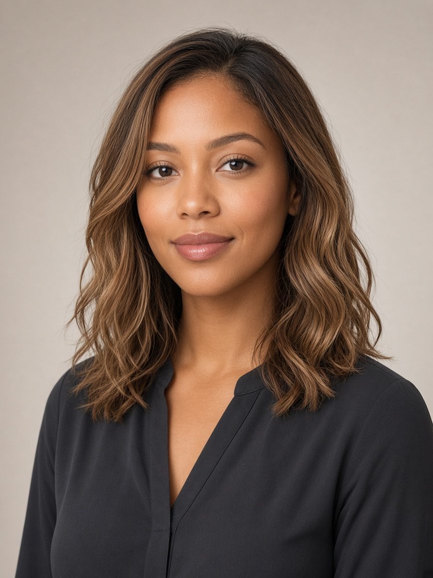 Portrait d’une femme métisse aux cheveux mi-longs, chemisier noir