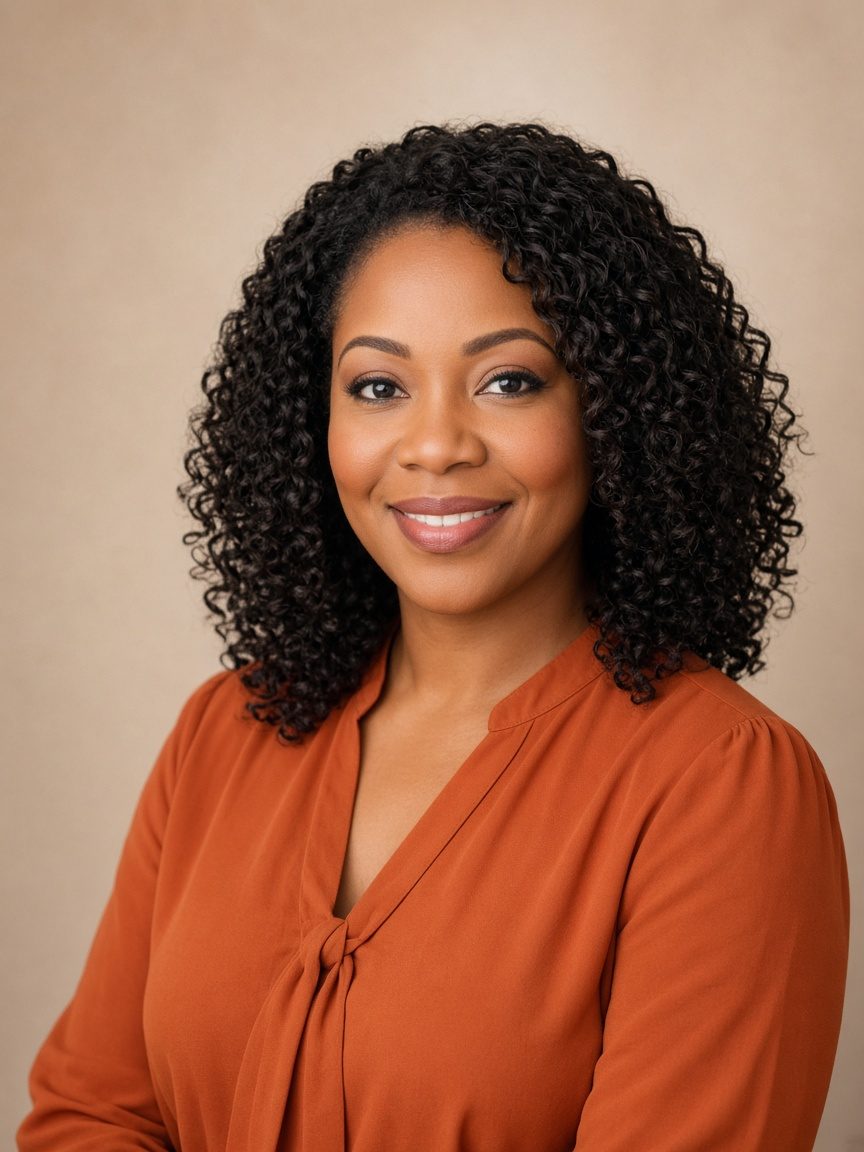 Portrait d’une femme noire souriante, cheveux bouclés, chemisier orange